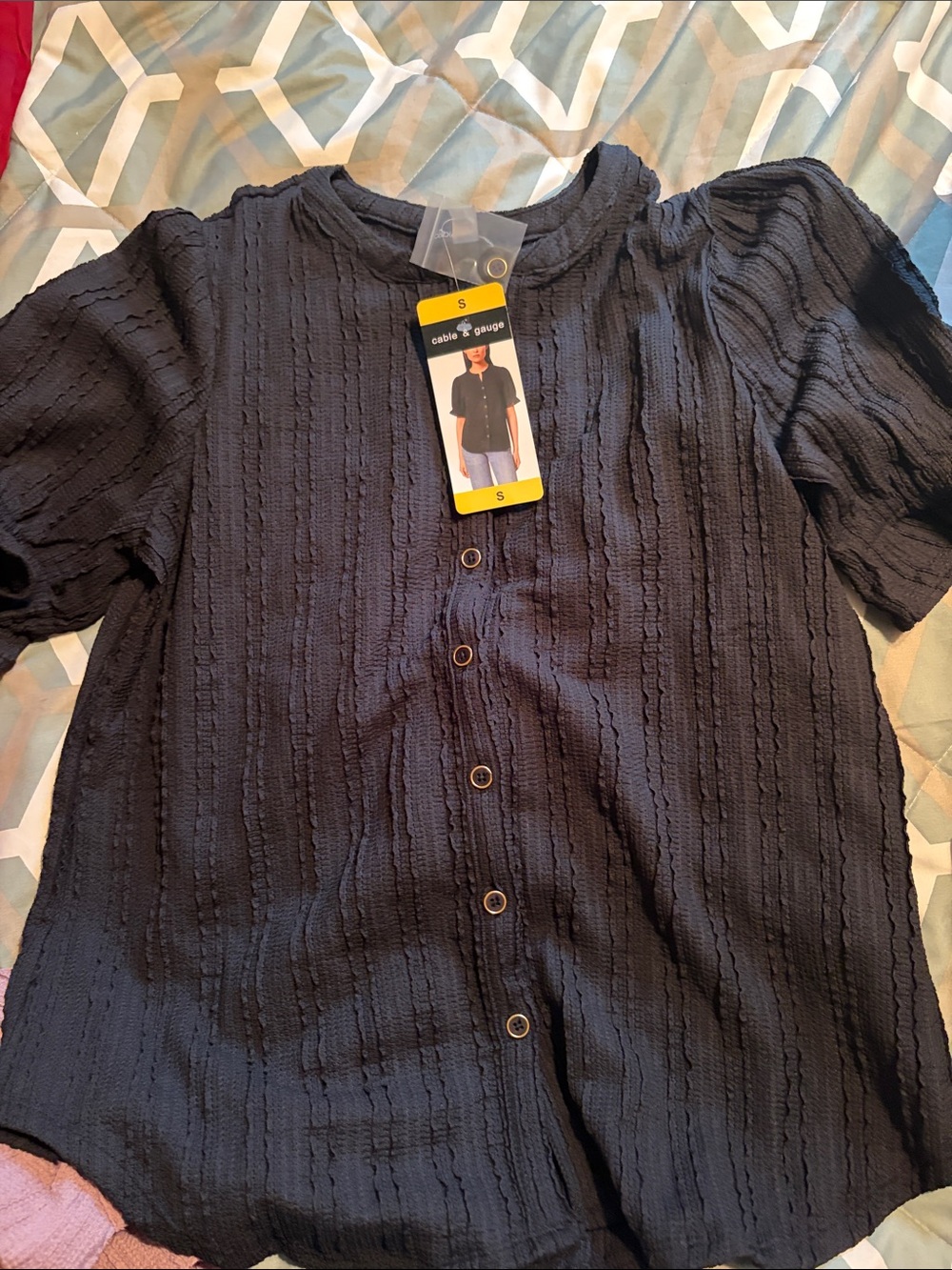 Cable & Gauge Black Textured Button Front Puff Sleeve Top